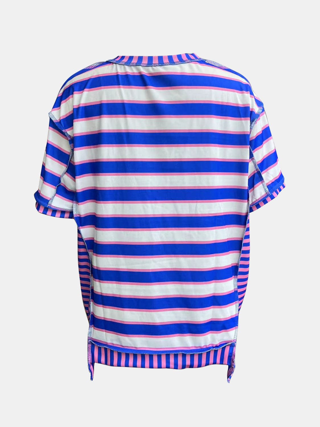 Full Size Contrast Stitching Striped Round Neck T-Shirt.