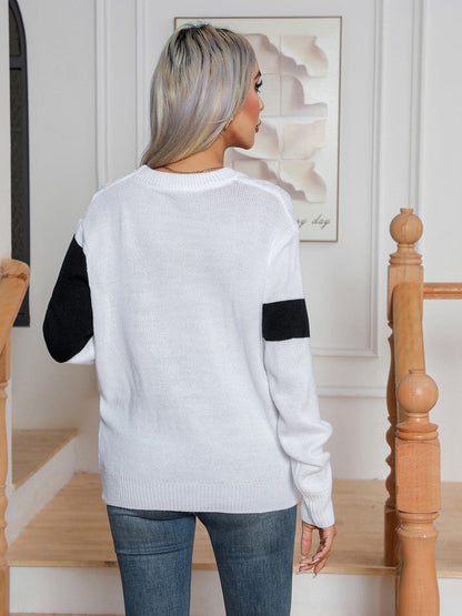 Color Block Cable-Knit Round Neck Sweater.