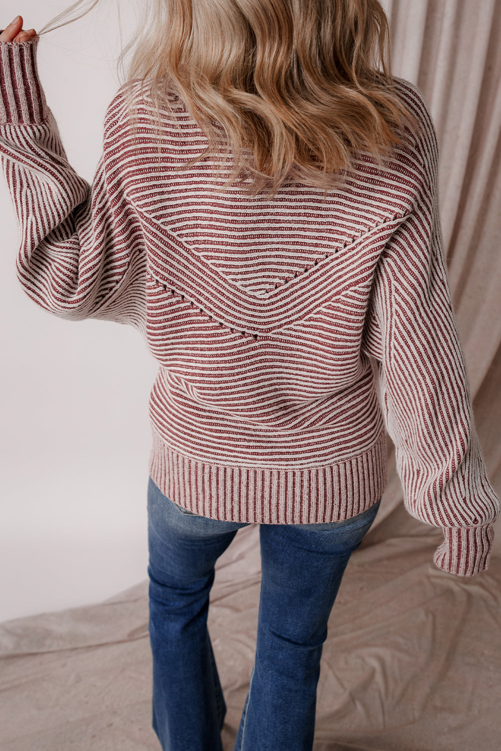 Premium Red Dahlia Striped Print Knit Boat Neck Baggy Sweater