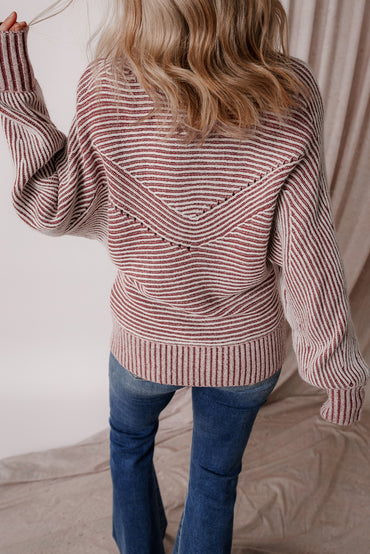 Premium Red Dahlia Striped Print Knit Boat Neck Baggy Sweater