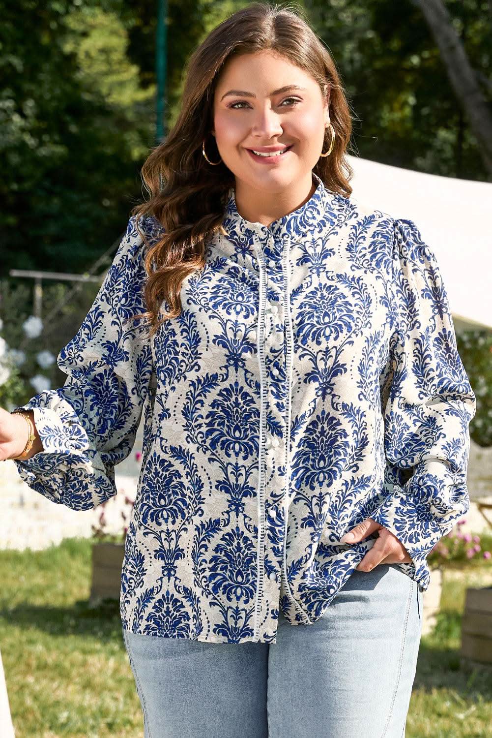 Sky blue tribal print plus shirt - Love Salve 