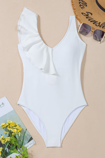 Elegant white asymmetrical ruffle one piece swimsuit with tie waist