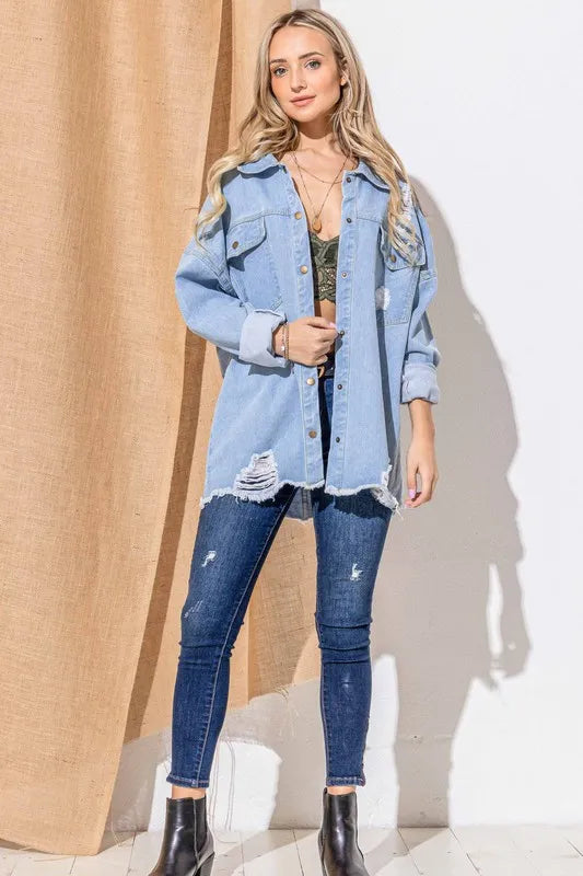 And The Why Button Front Flap Pocket Ripped Denim Jacket - Love Salve 