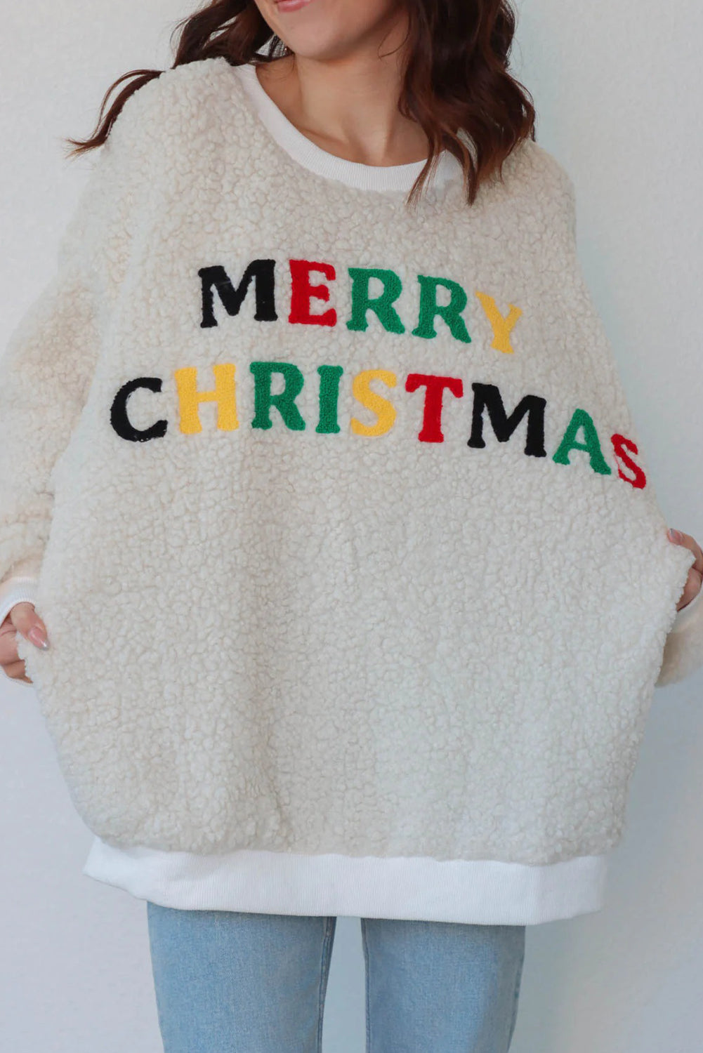 White MERRY CHRISTMAS Multicolor Embroidered Sherpa Pullover Sweatshirt Dear-Lover Dropshipping