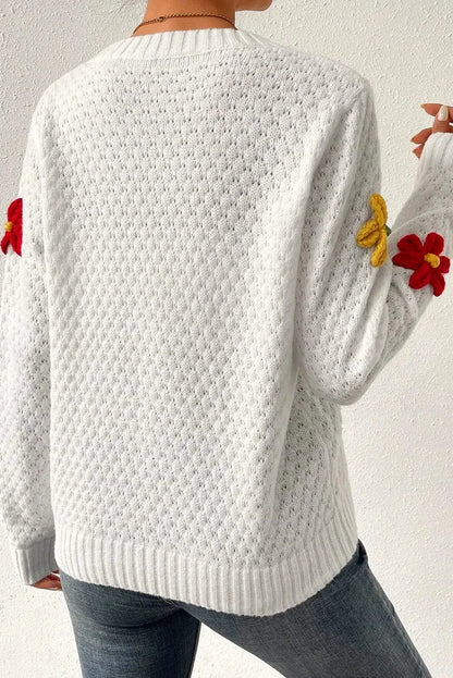 Floral crochet round neck knit sweater