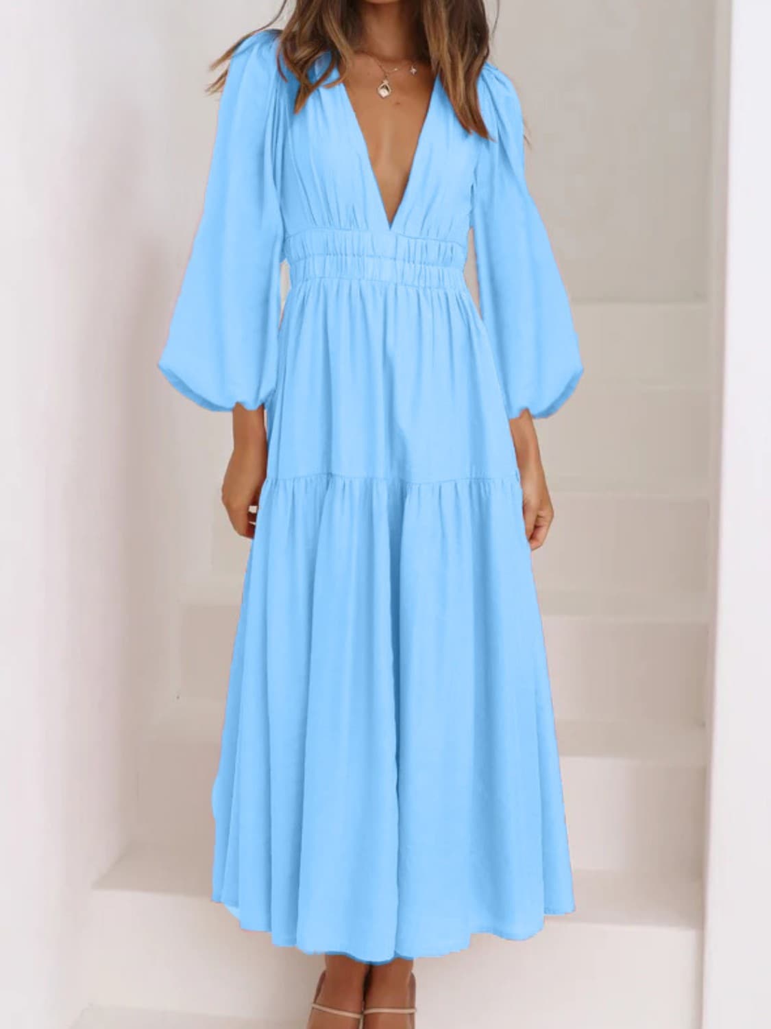 Deep V-Neck Balloon Sleeve Plain Maxi Dress.