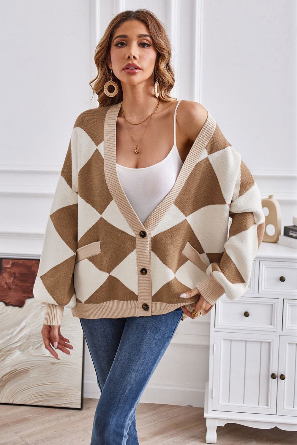 Geometric Lantern Sleeve Cardigan with Pockets.