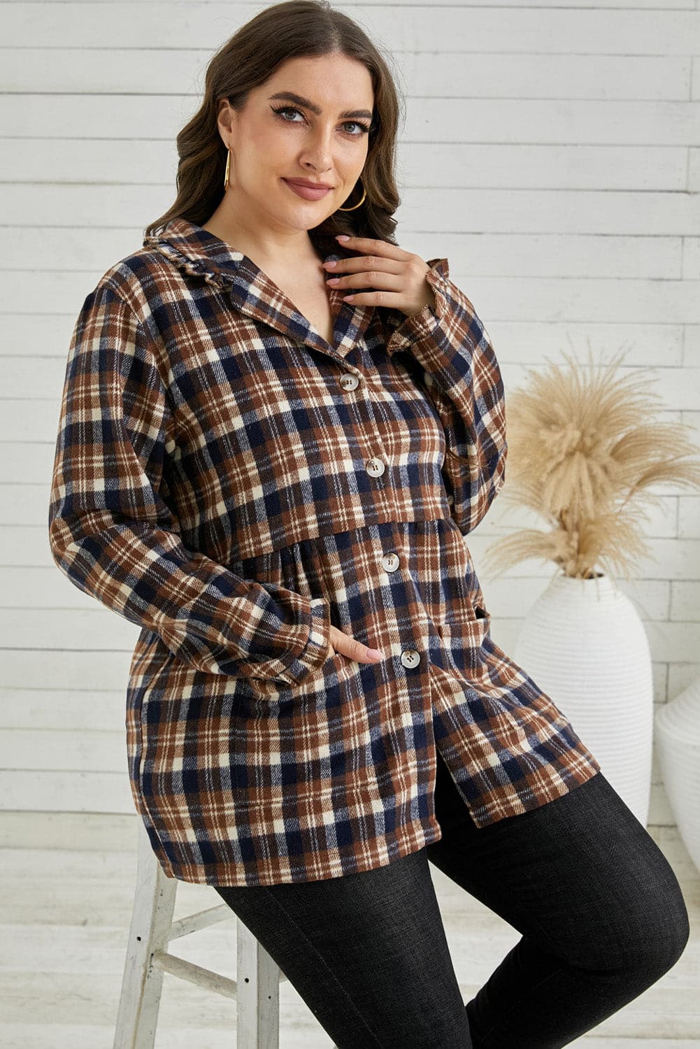 Plus Size Plaid Buttoned Collared Shacket.