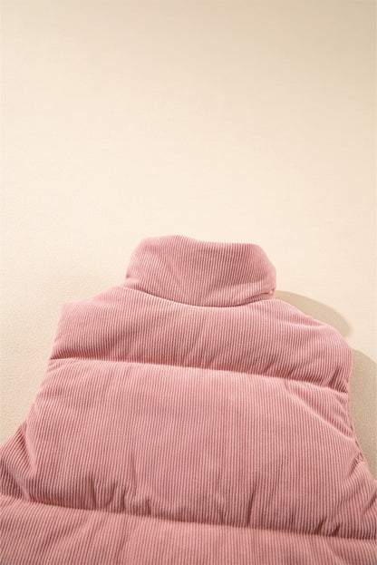Apricot Pink Corduroy Stand Neck Zipped Puffer Vest by De...