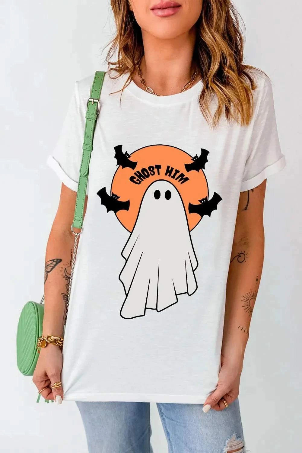 Full Size Ghost Round Neck Short Sleeve T-Shirt with bat design, made of polyester, cotton, and elastane blend.