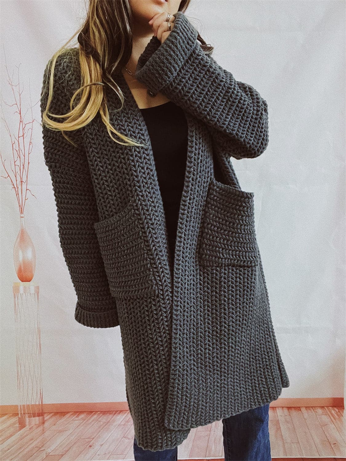 Open Front Long Sleeve Cardigan with Pockets.