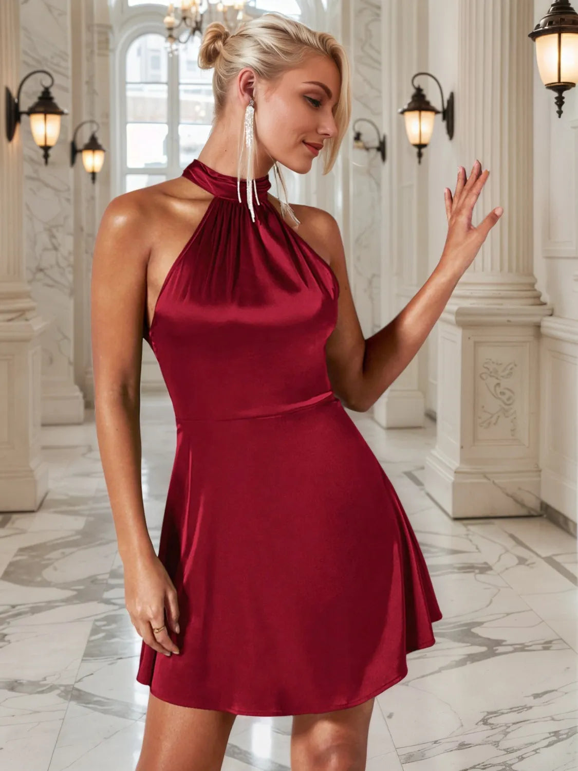 Satin Hourglass Halter Mini Dress – Backless Elegance
