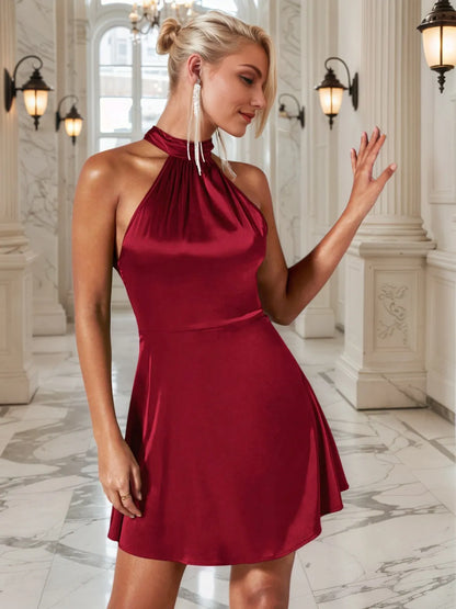 Satin Hourglass Halter Mini Dress – Backless Elegance