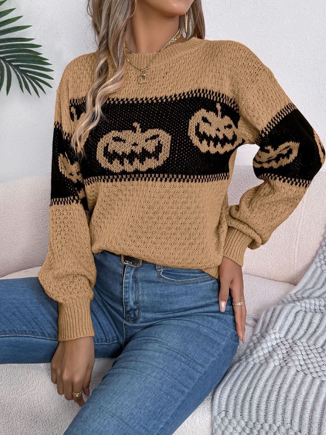 Cozy pumpkin round neck long sleeve pullover