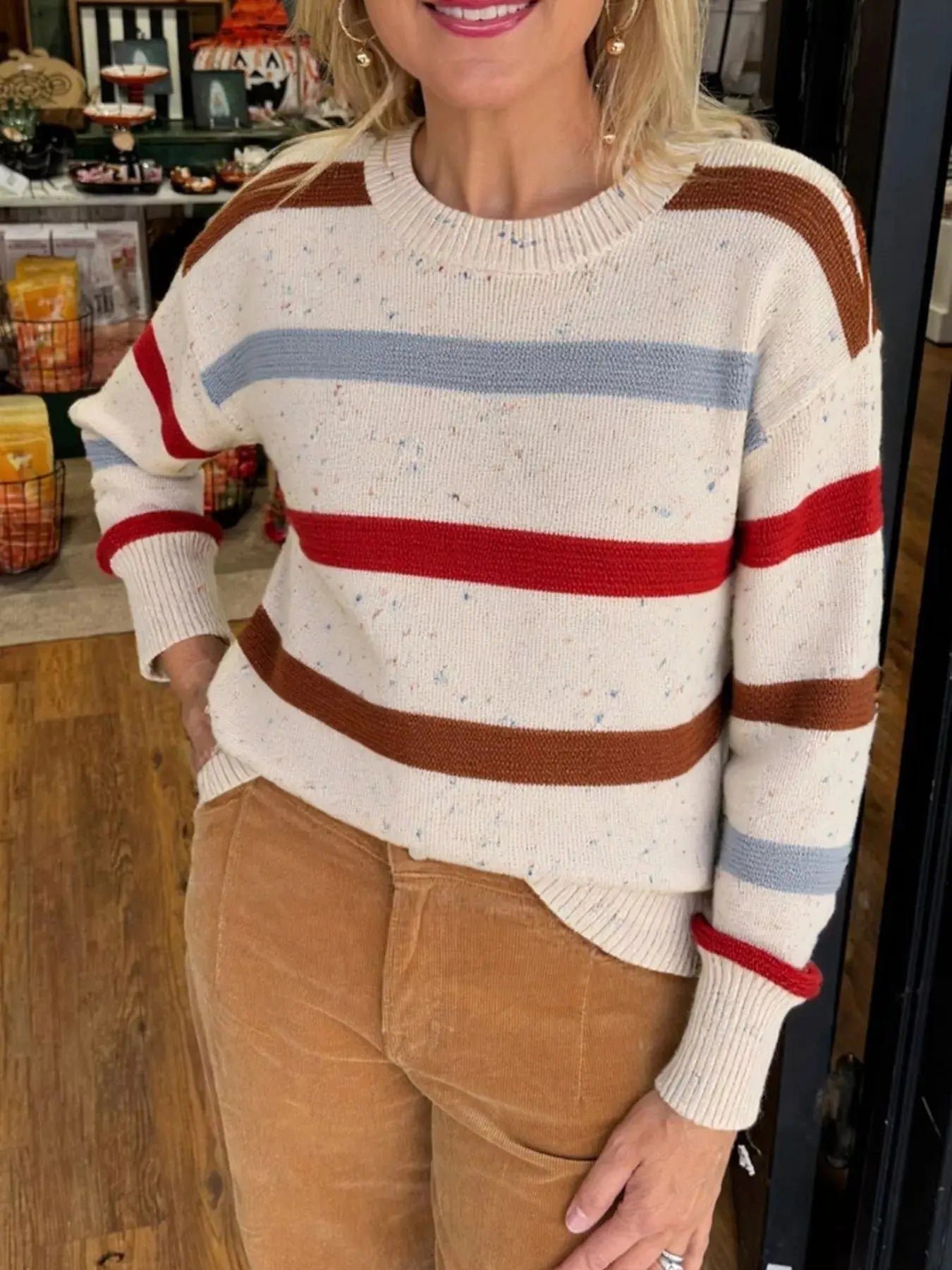 Striped Crew Neck Long Sleeve Sweater Simply Love