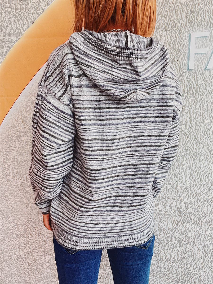 Cozy striped hooded sweater with buttoned details