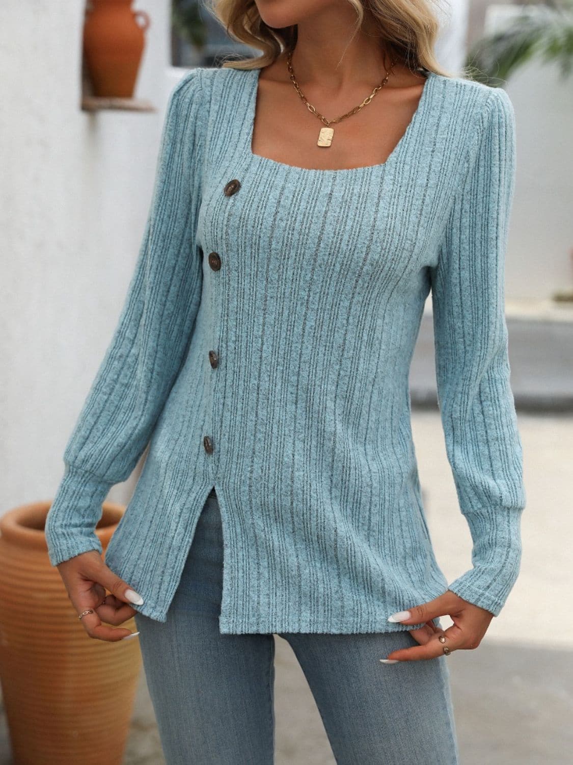 Decorative Button Striped Square Neck Long Sleeve T-Shirt.