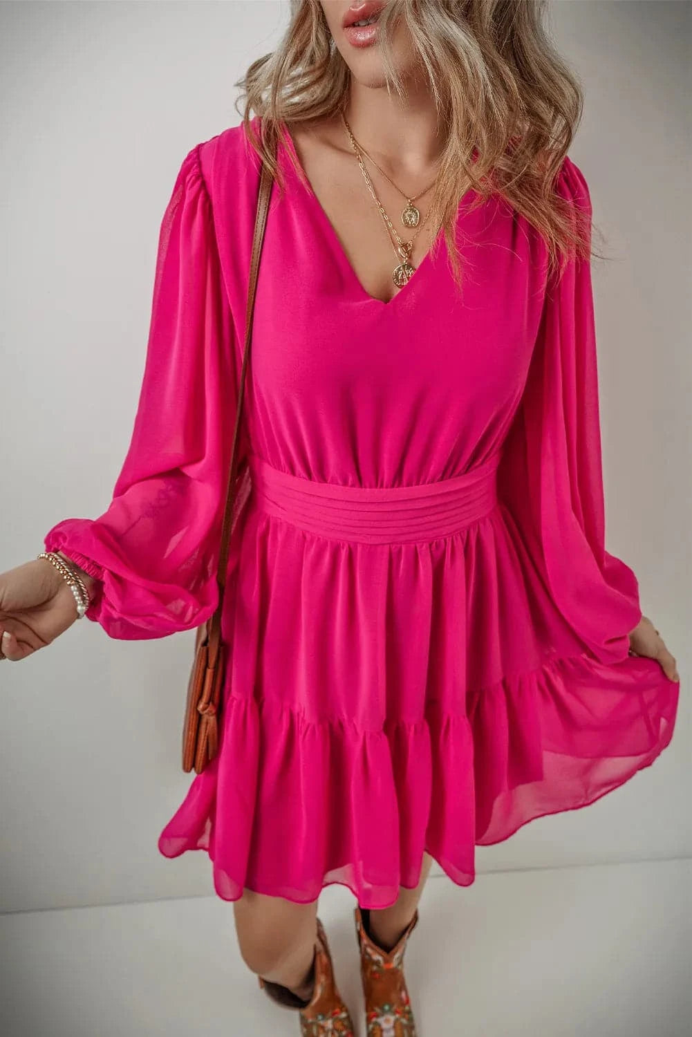 Ruffled Sheer V-Neck Dress with Opaque Stretch Comfort