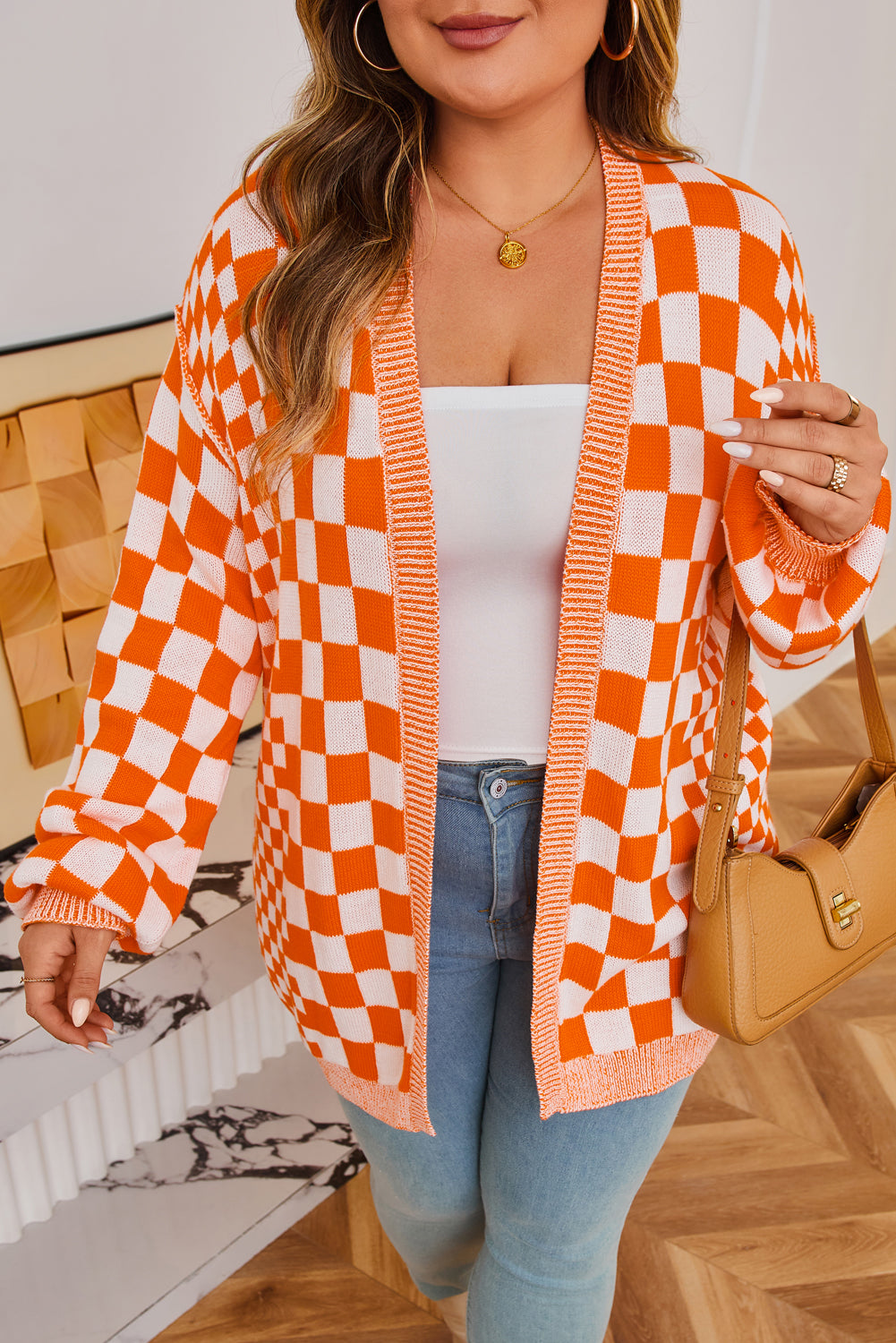 Orange Checkered Bubble Sleeve Drop Shoulder Open Cardigan Dear-Lover Dropshipping