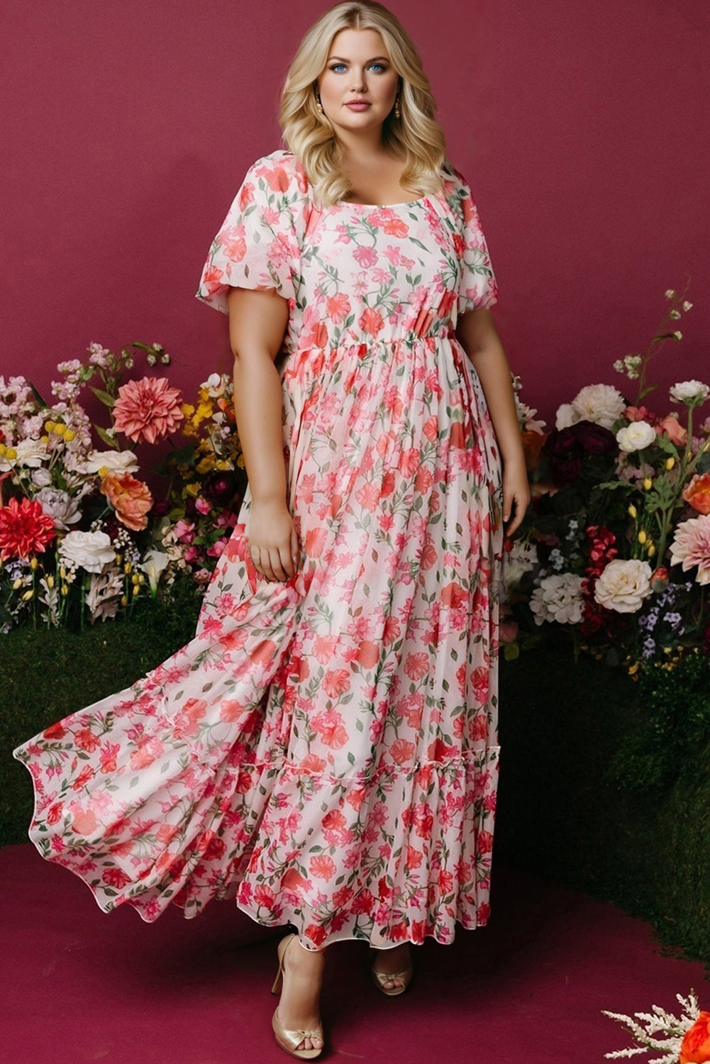 Pink Plus Size Floral Square Neck Puff Sleeve Maxi Dress With Ruffles Dear-Lover Dropshipping