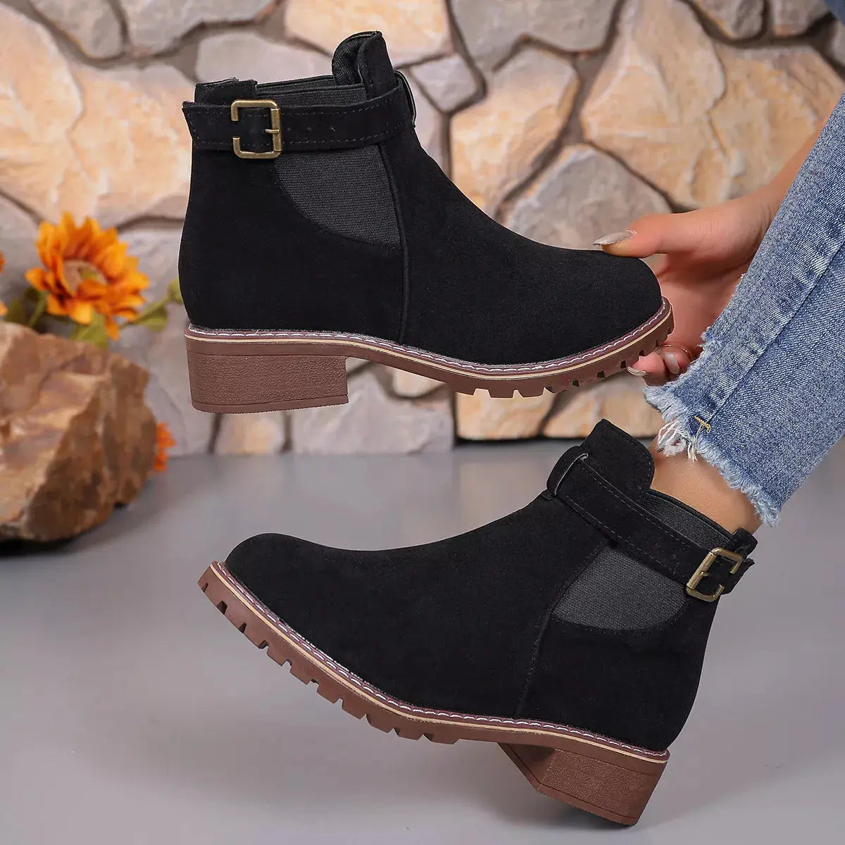 Women Round Toe Block Heel Ankle Boots Buckle Strap PU Leather Black Simply Love