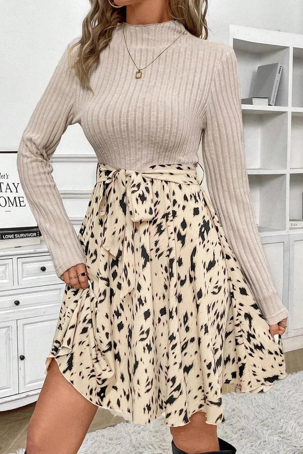 Tied Printed Mock Neck Long Sleeve Dress.