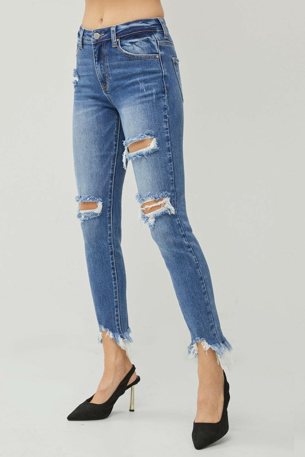 RISEN Distressed Frayed Hem Slim Jeans.