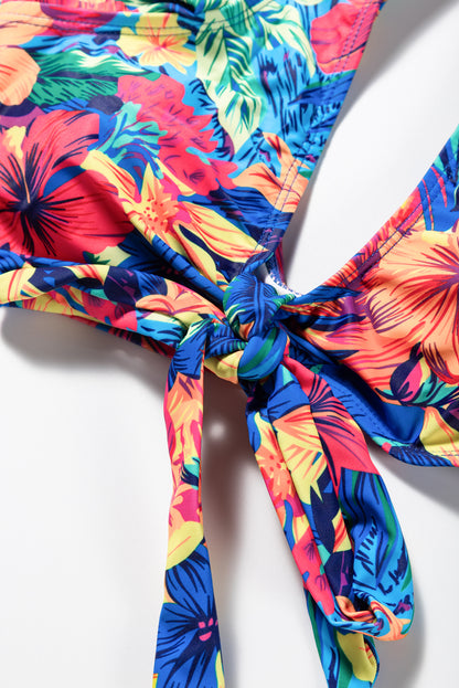 Tropical floral ruffle high waist bikini with front tie detail