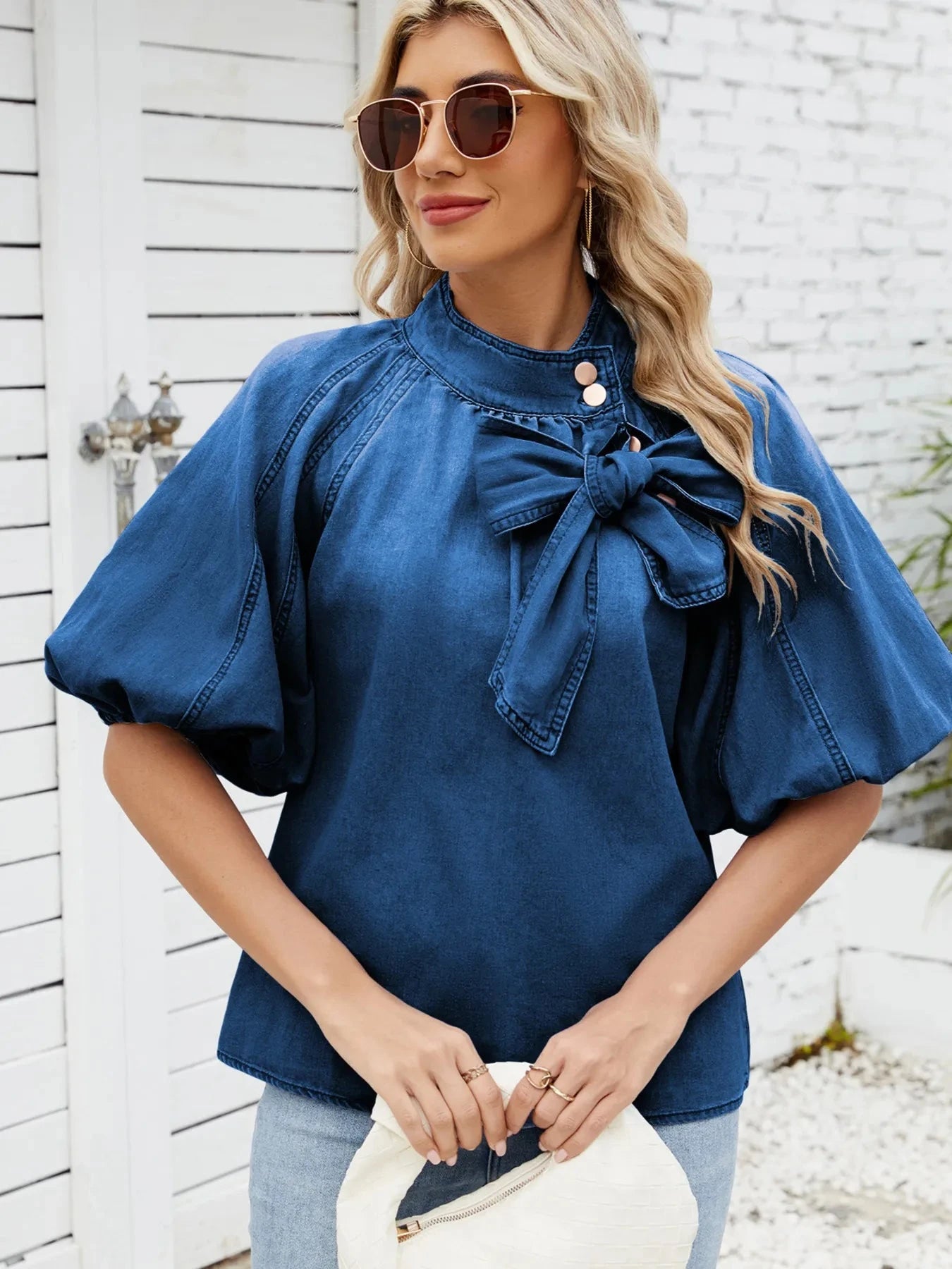 Denim Bow Tie Puff Sleeve Top Coco’s Tee Boutique