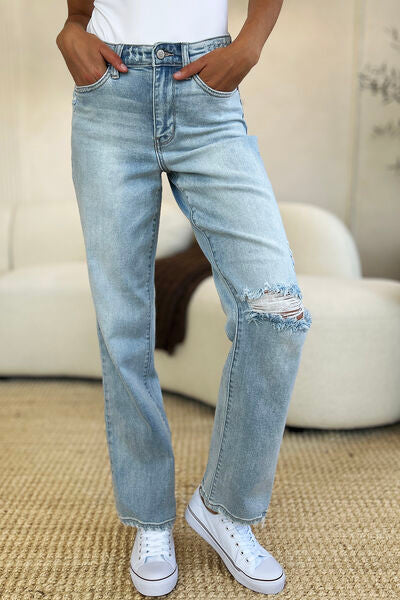 Judy Blue Full Size High Waist Distressed Straight Jeans Coco’s Tee Boutique
