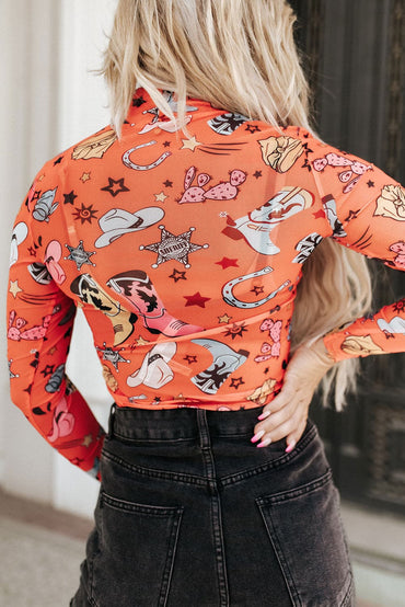 Printed Mock Neck Long Sleeve Bodysuit.