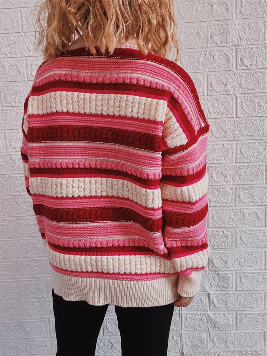 Striped Drop Shoulder Round Neck Sweater.