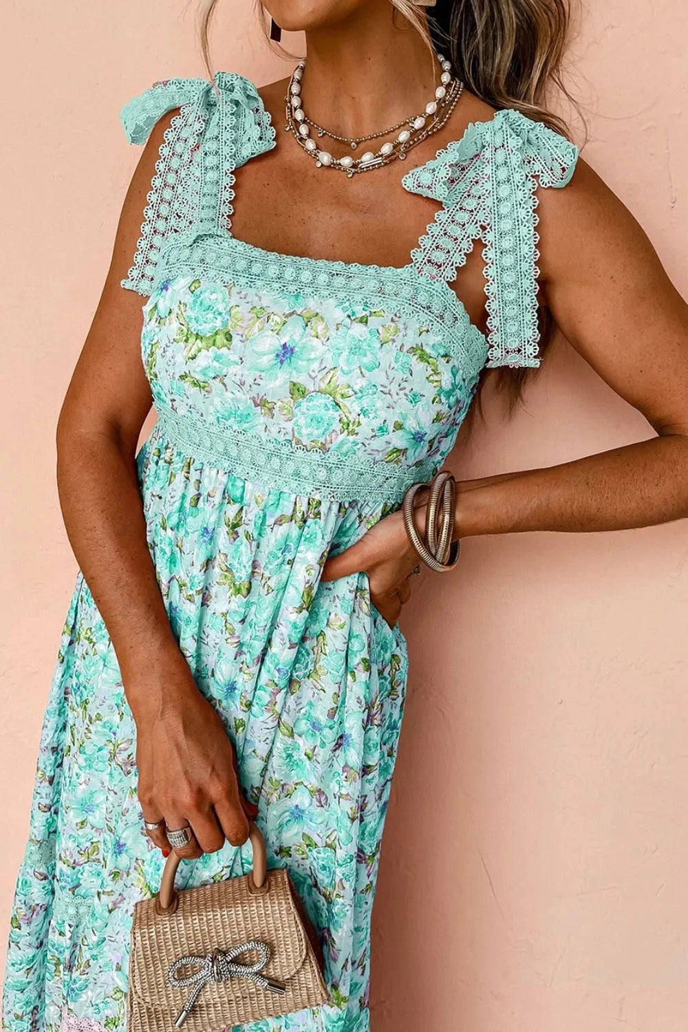 Lace Detail Square Neck Floral Dress Simply Love