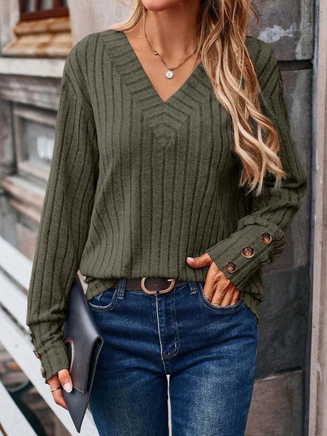 Ribbed V-Neck Long Sleeve T-Shirt.