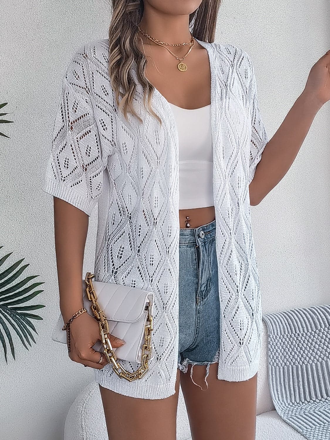 Openwork Open Front Half Sleeve Cardigan.