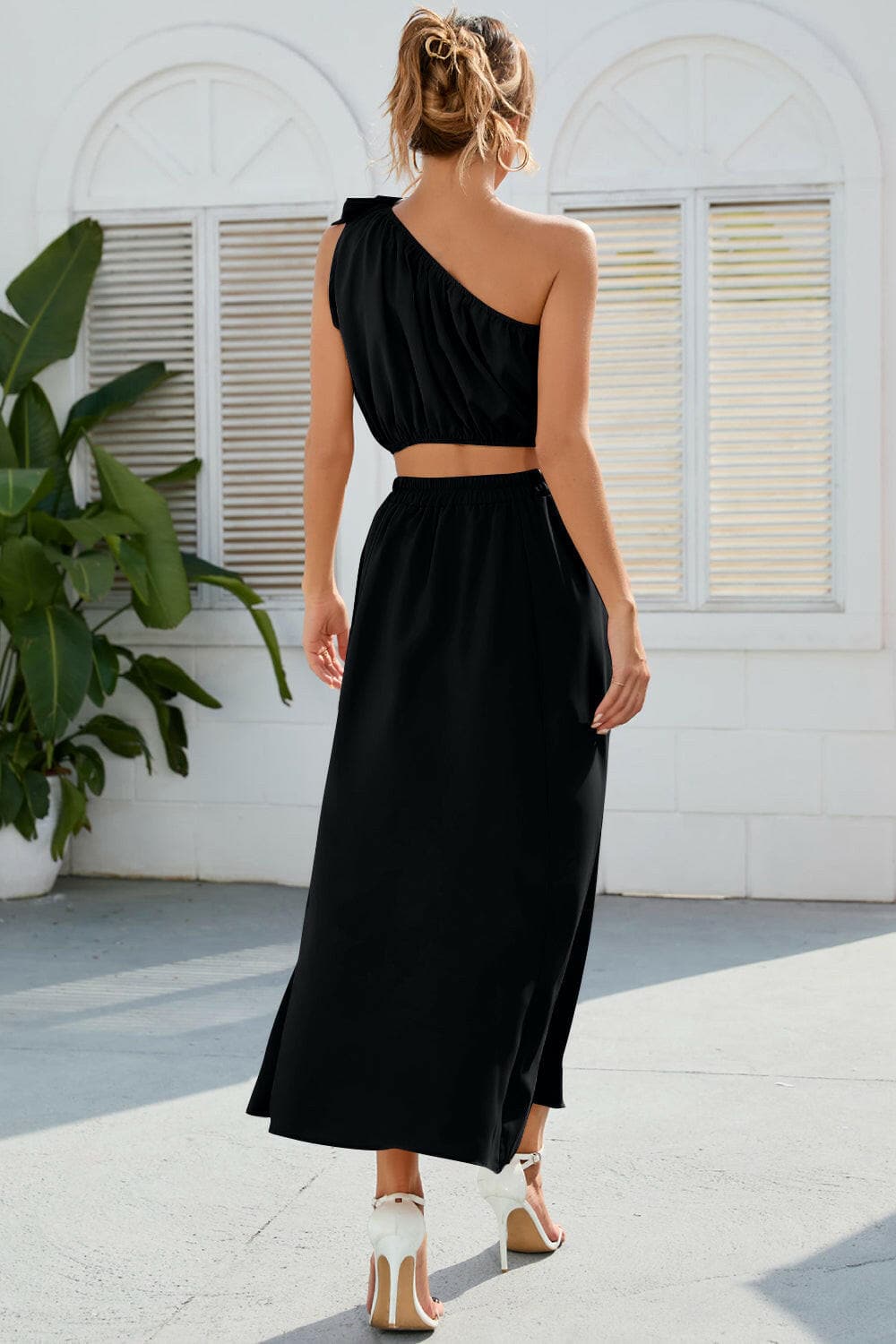 Ruched One Shoulder Top and Slit Skirt Set.