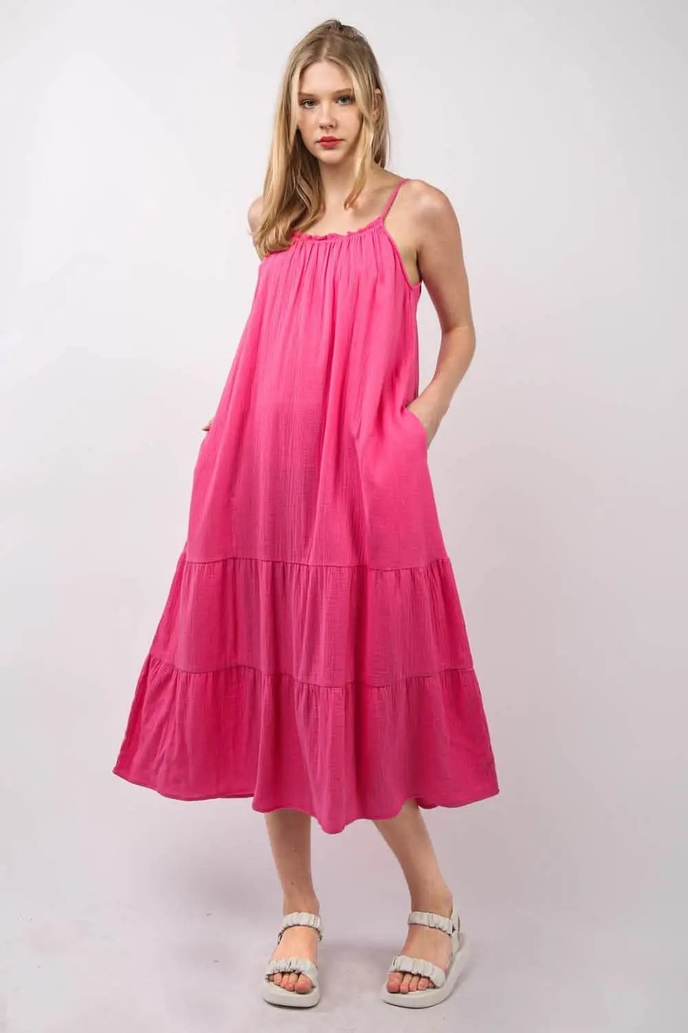 Very J Ruffled A-Line Midi Cami Dress for Summer Elegance - Love Salve 