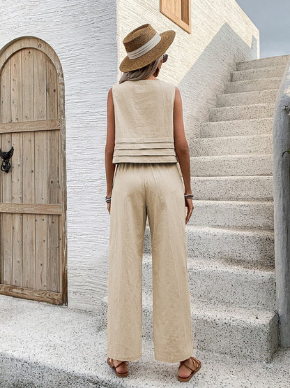 Round Neck Sleeveless Top and Wide Leg Pants Set.