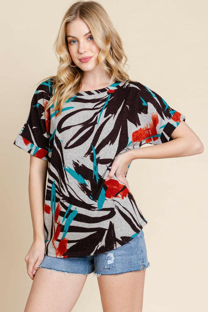 BOMBOM Printed Round Neck Short Sleeve T-Shirt.