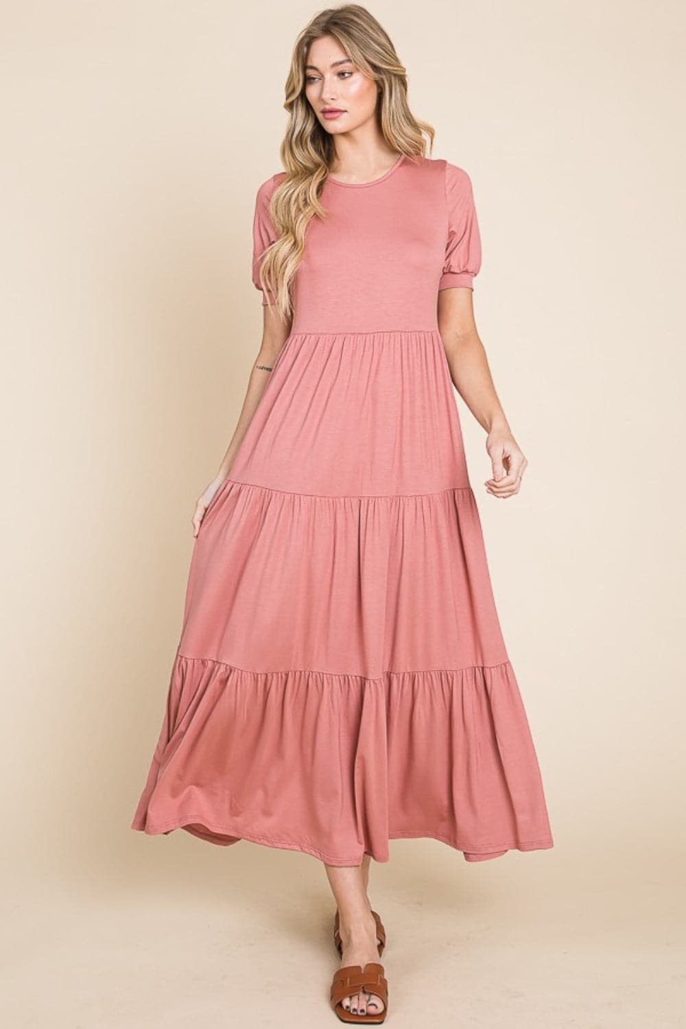 BOMBOM Short Sleeve Tiered Maxi Dress.