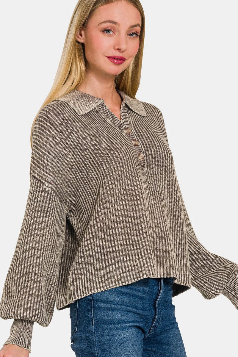 Zenana Washed Half Button Long Sleeve Sweater.