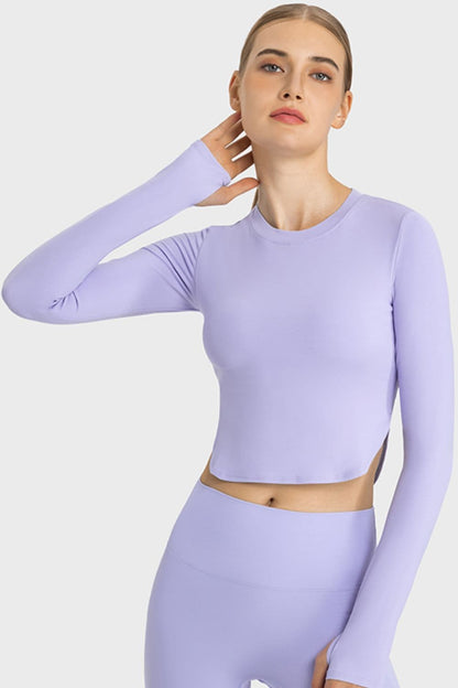 Side Slit Long Sleeve Round Neck Crop Top.