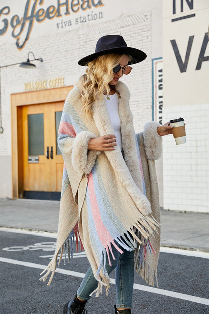 Color Block Fringe Detail Poncho.