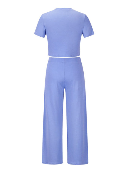 Round Neck Short Sleeve Top and Pocketed Pants Set.