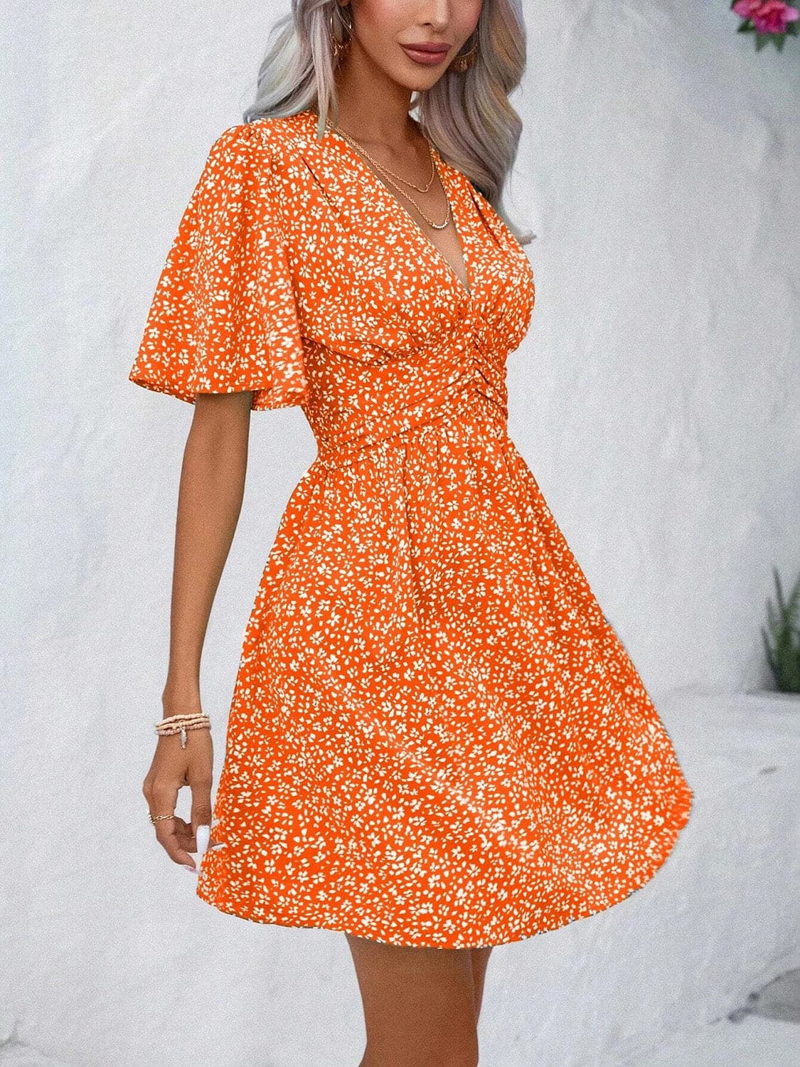 Printed V-Neck Half Sleeve Mini Dress.