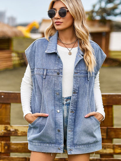 Button Up Collared Neck Sleeveless Denim Jacket.