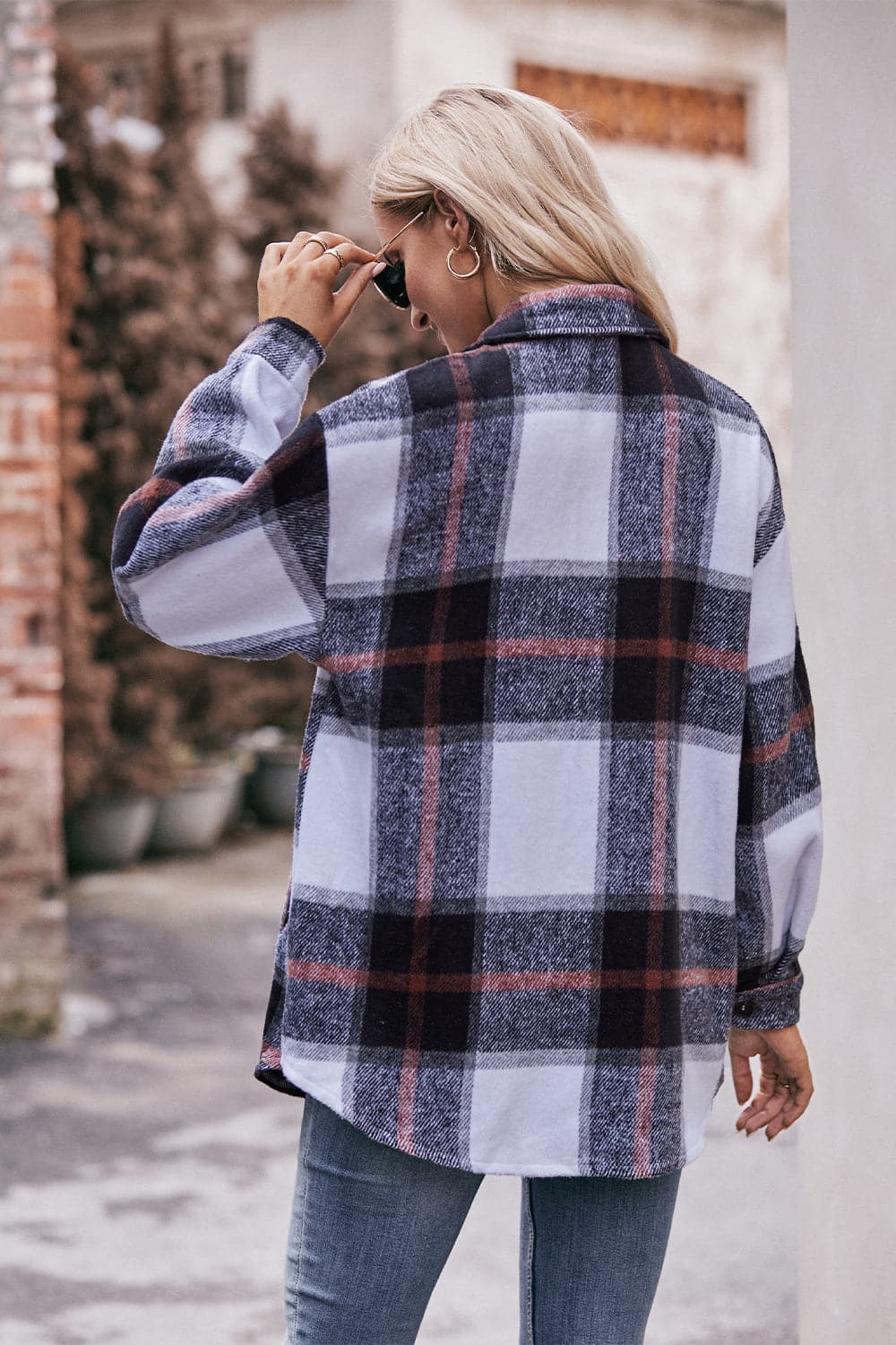 Plaid Long Sleeve Shirt Jacket with Pockets.