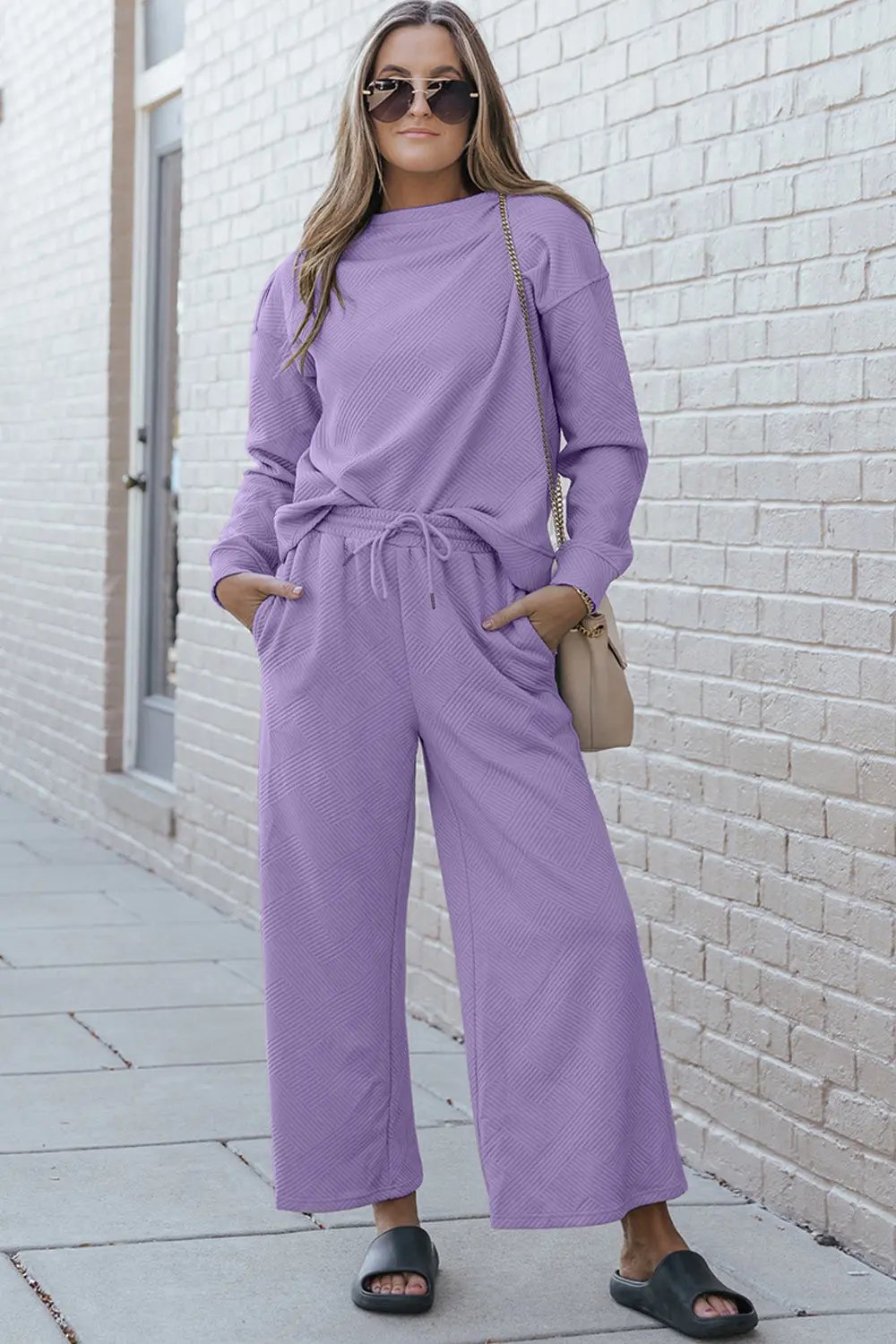 Double Take Full Size Textured Long Sleeve Top and Drawstring Pants Set - Love Salve