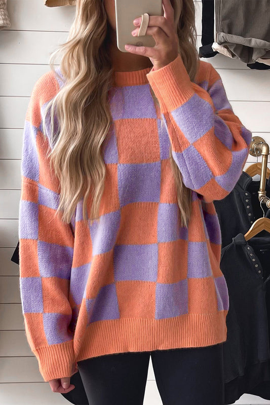 Grapefruit Orange Checkered Pattern Ribbed Trim Knit Baggy Sweater Dear-Lover Dropshipping