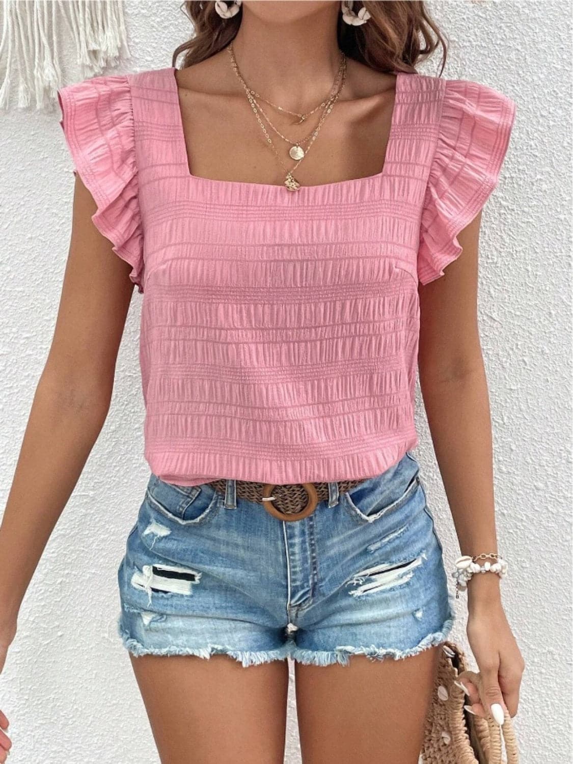 Ruffled Square Neck Cap Sleeve Blouse.